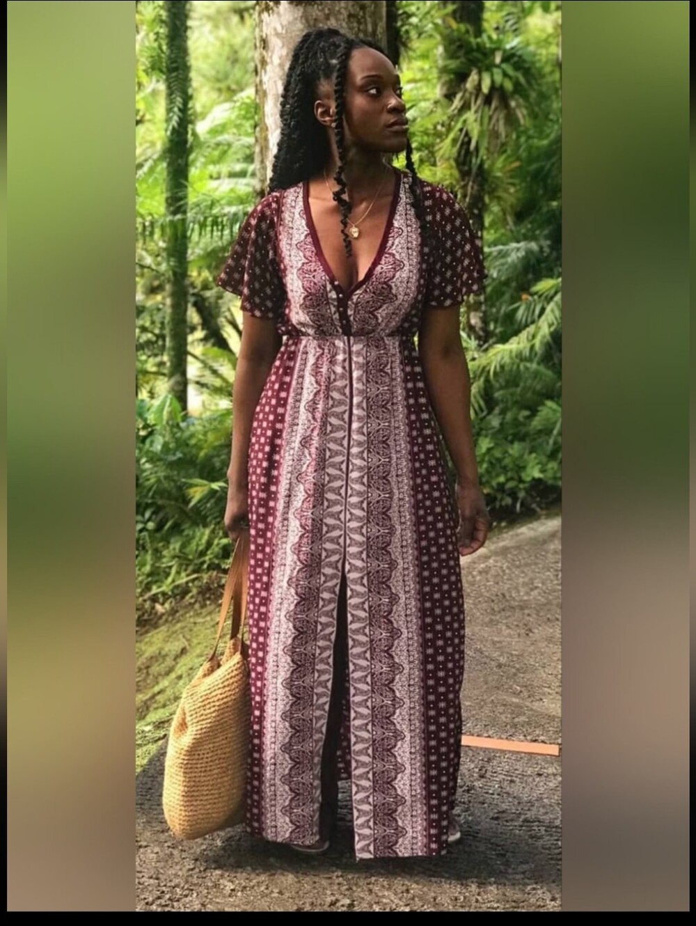 Mily + Molly Boho Paisley Maxi Dress Size S Burgundy And Cream Floral Front Slit